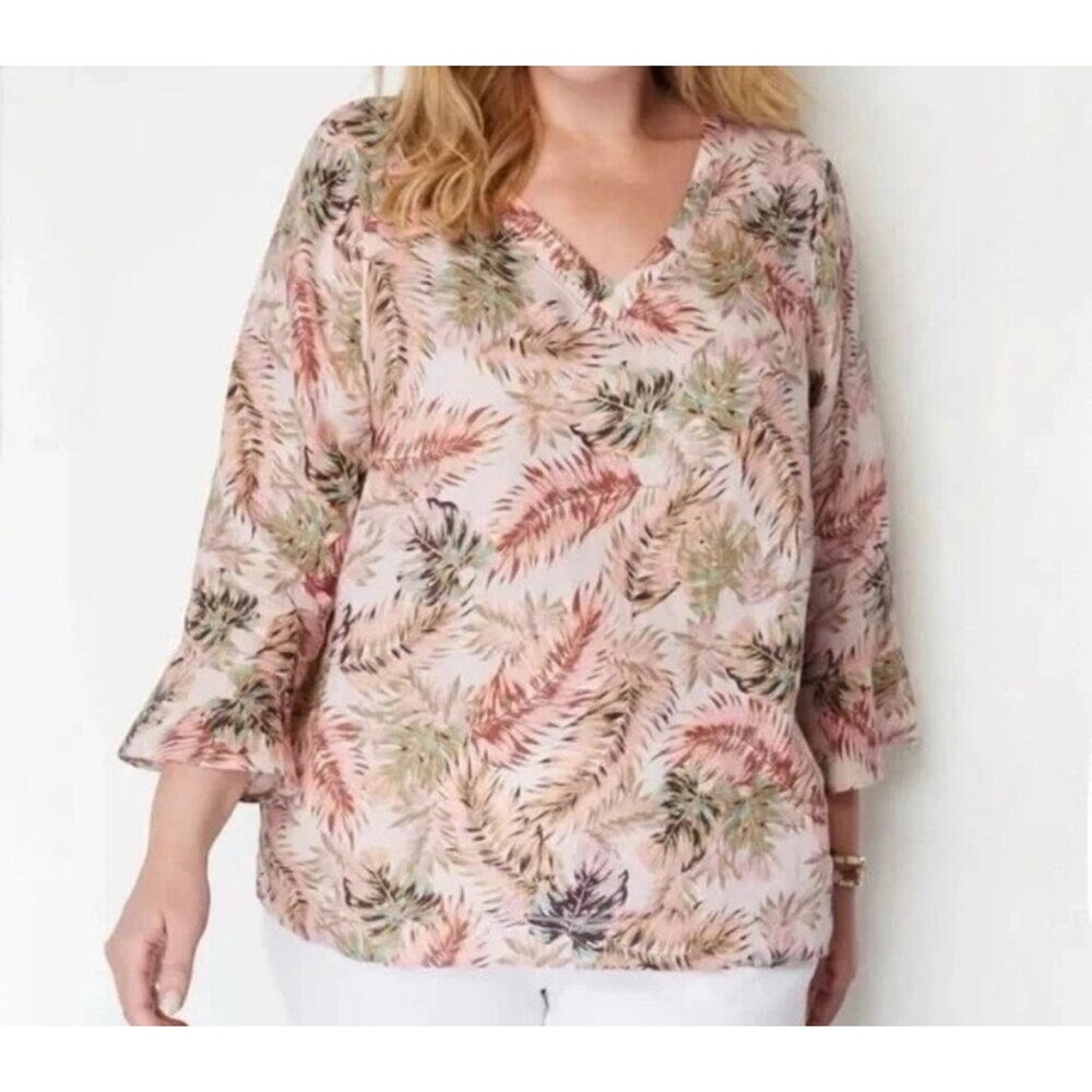 J. Jill Tropical Palm Linen Blouse Women Pink LP V-Neck 3/4 Sleeve Top